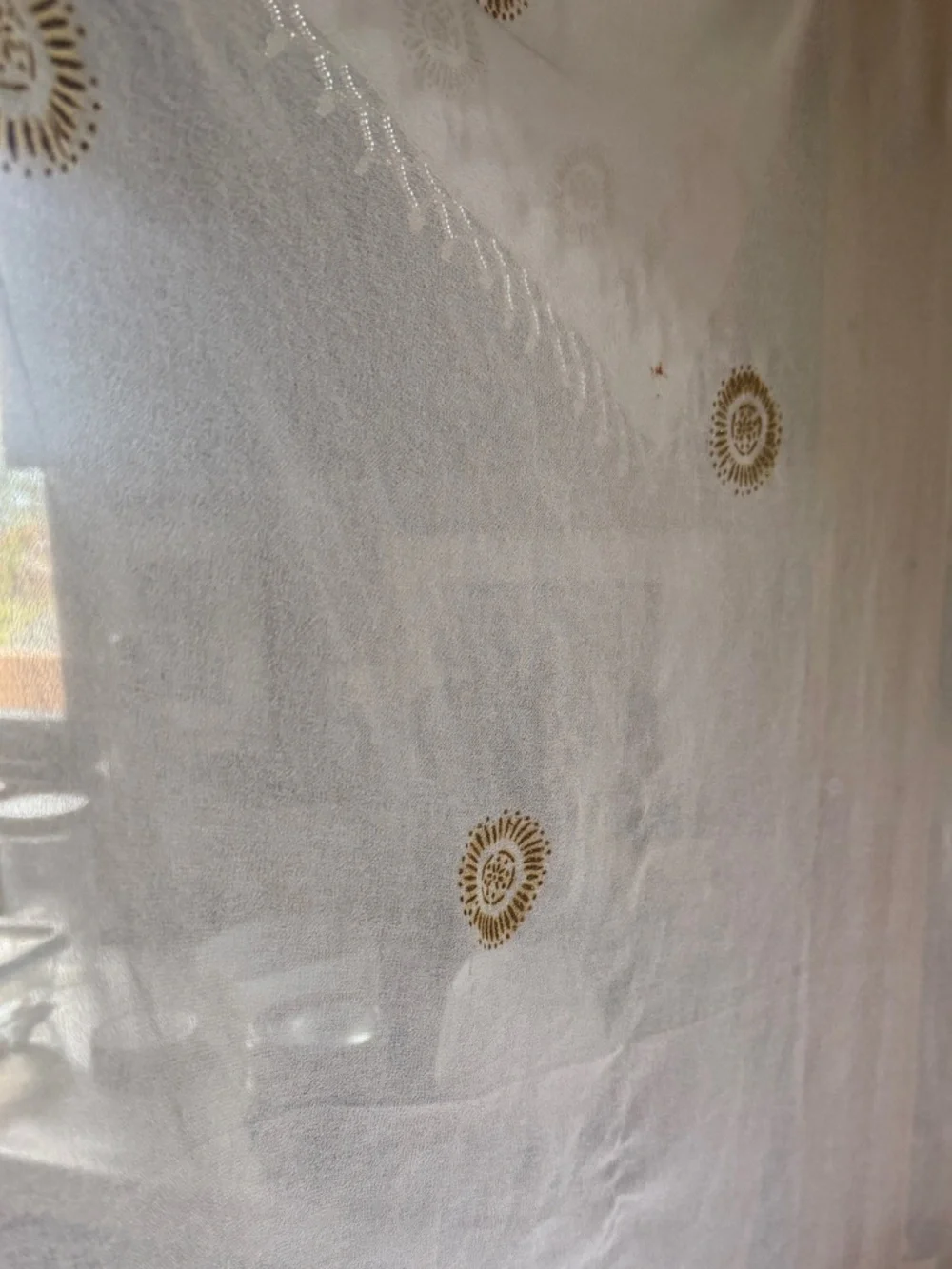Sheer Embroidered Sunburst Panel white beaded 40x72” vintage India decor